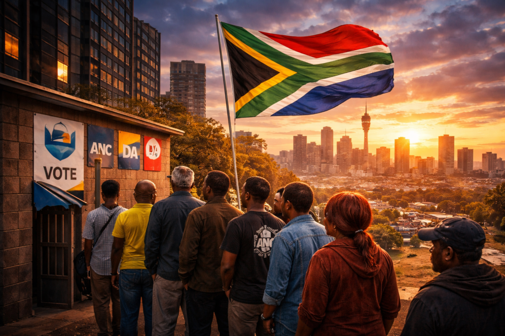 2026 Local Government Elections South Africa – voters at polling station with prediction market overlays on Polymarket.co.za