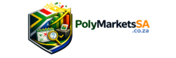 PolyMarketsSA.co.za logo featuring a South African themed shield with analytics charts, checklist and magnifying glass representing prediction markets, betting insights and South African political event forecasts.